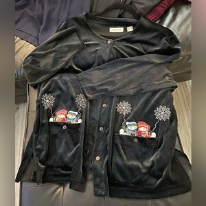 Analogy Black Velour Cardigan with embroidered snowmen and snowflake accents